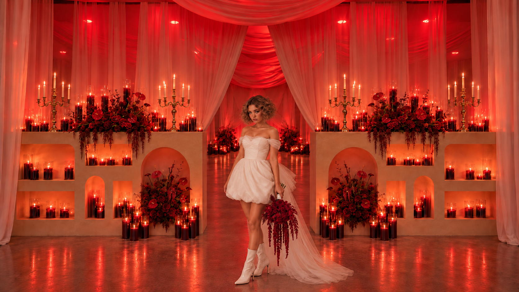 Bride holding a burgundy bouquet in the red-lit Dark Dynasty ceremony setting at That Chapel Downtown